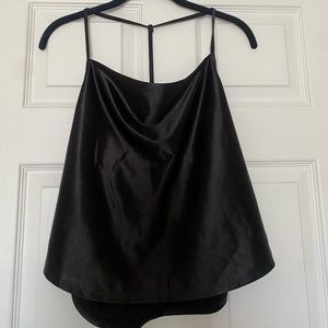 Black silk cowl neck top with low back.